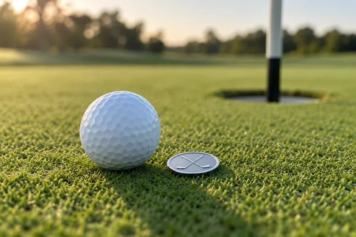 Golf ball and small metal ball marker on a putting green