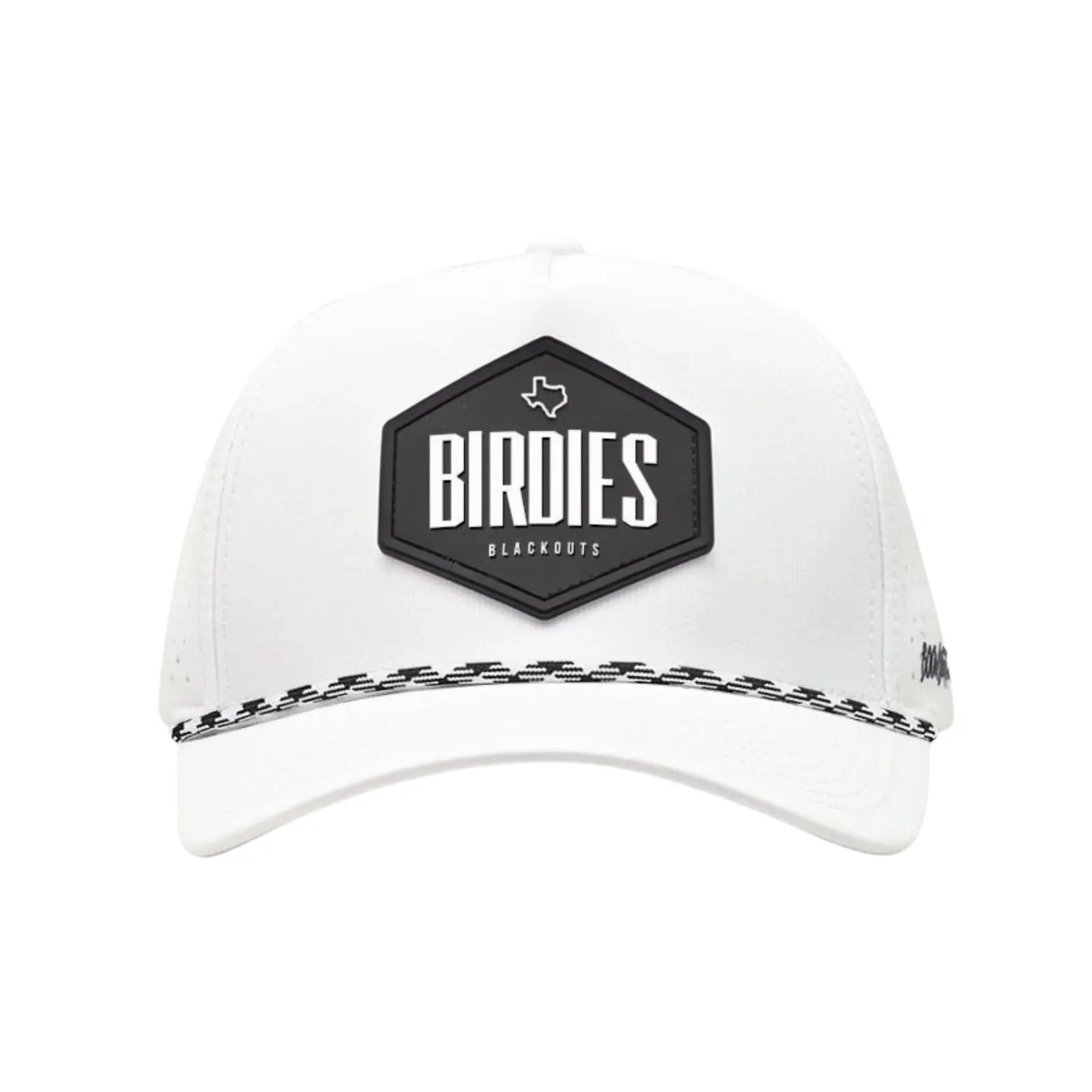 White cap with black hexagonal logo and 'Birdies' branding on a white background