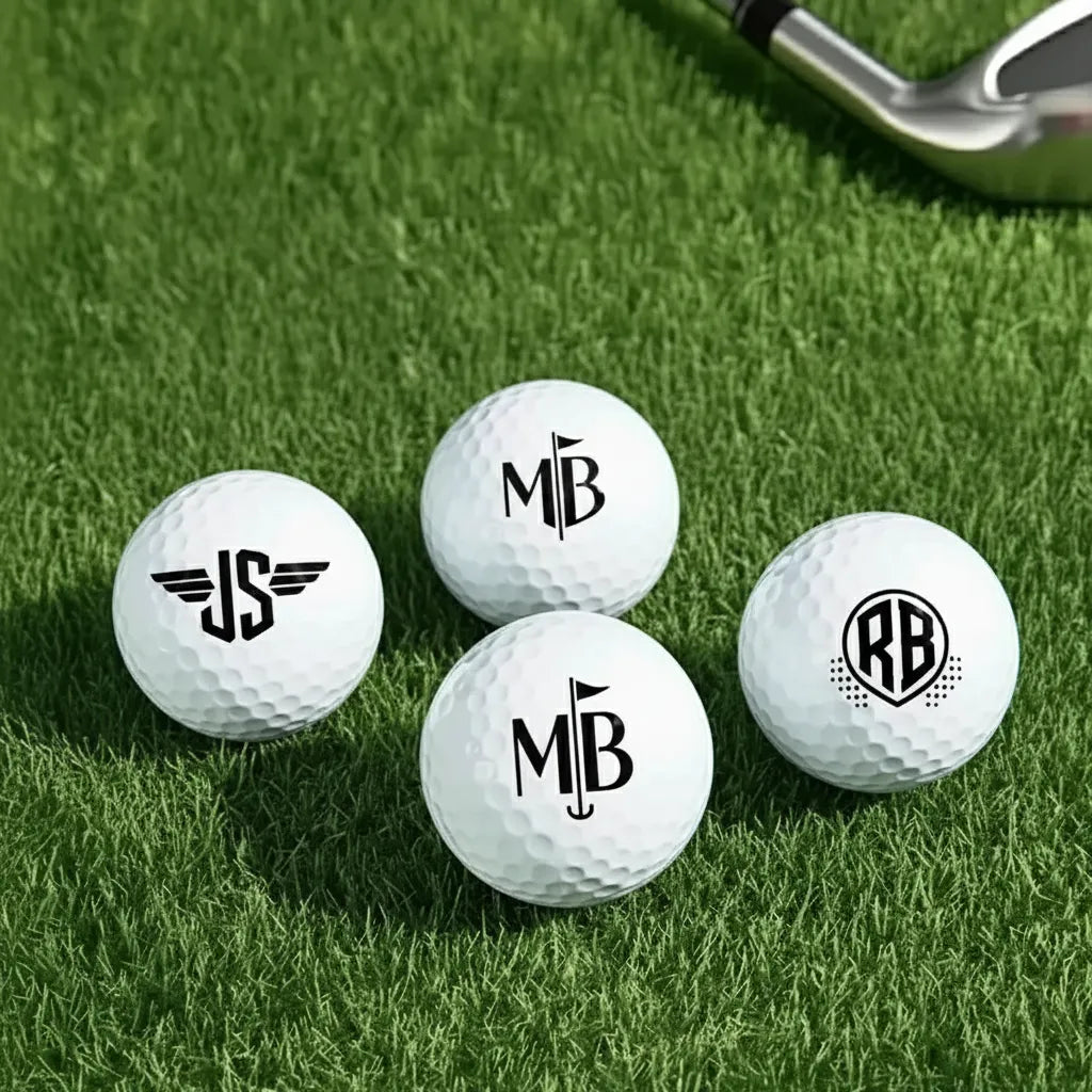 Four golf balls with monogram designs on a grass surface