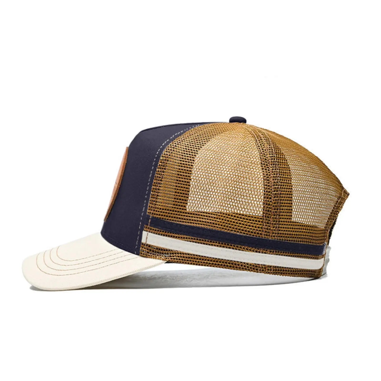 Two baseball caps with mesh designs on a white background