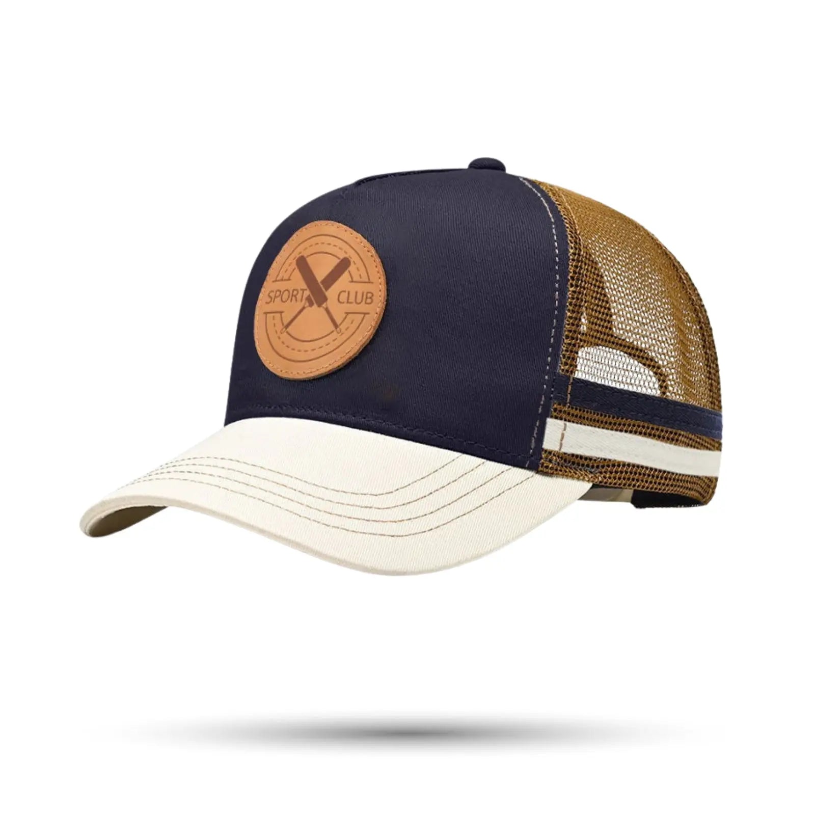 Custom brown mesh golf cap with white embroidery. Vintage breathable snapback for summer.