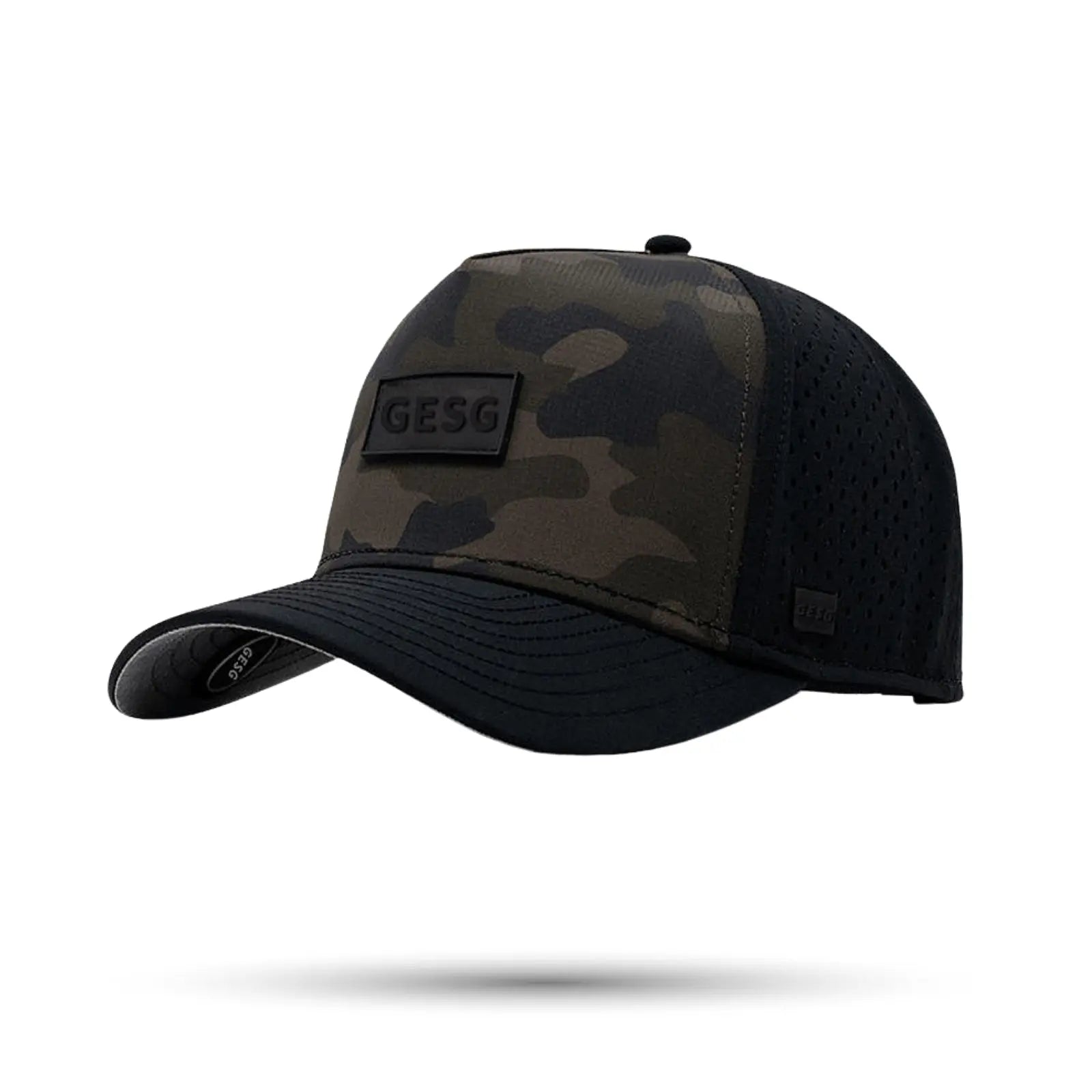 Camouflage baseball cap with a black logo on a white background
