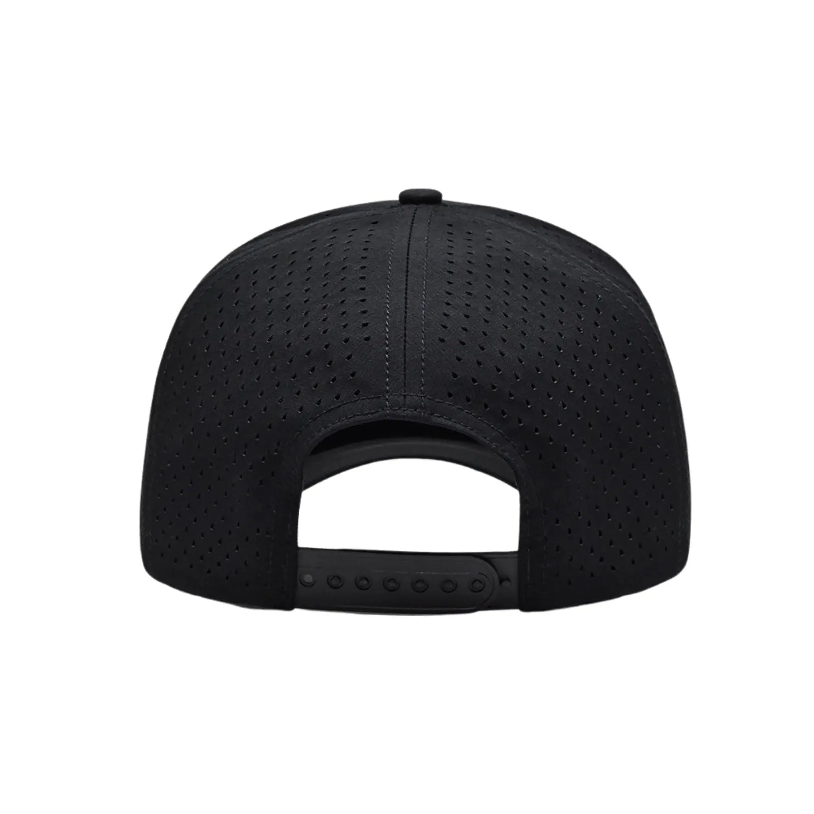 Black baseball cap with perforated design on a white background