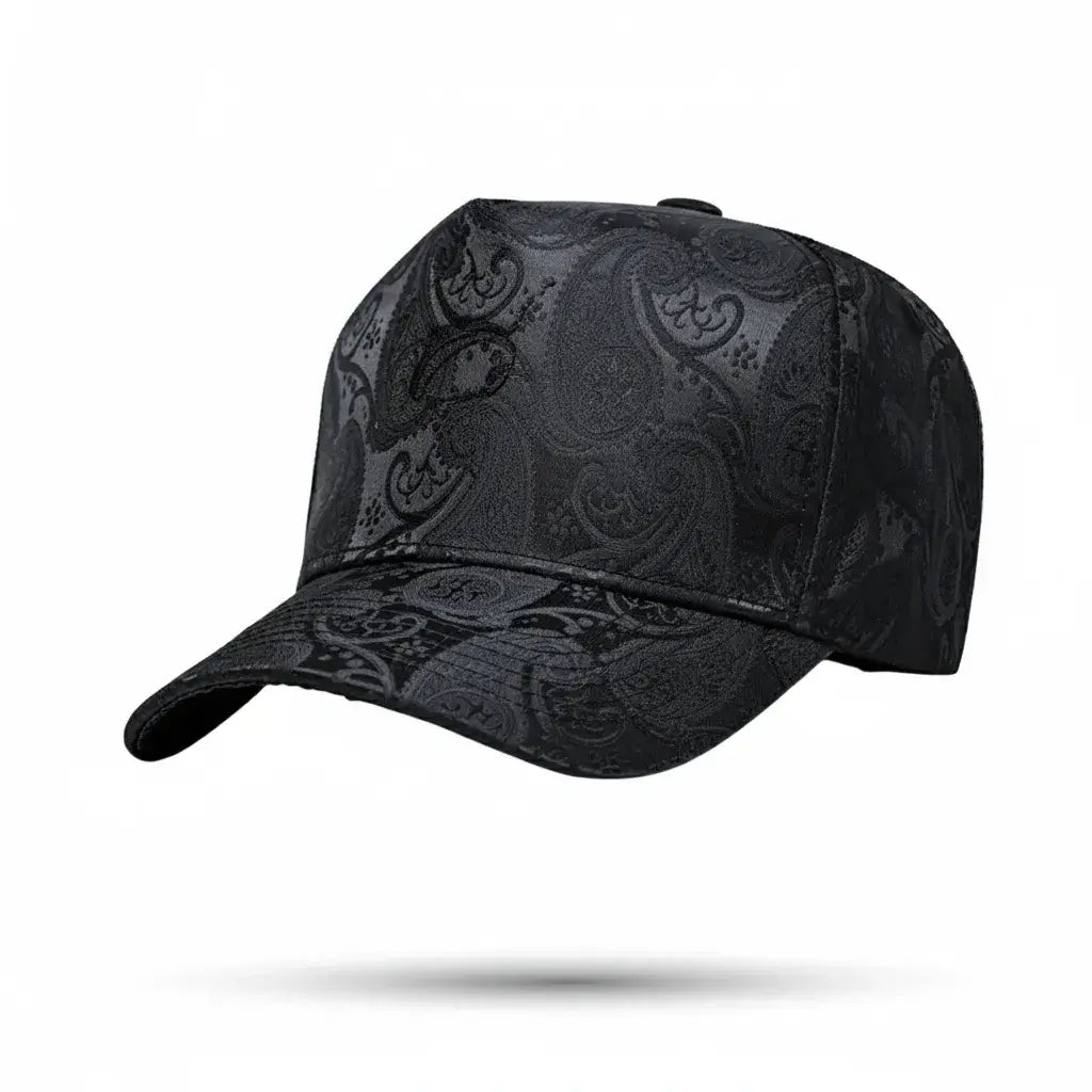 Black patterned baseball cap on a white background