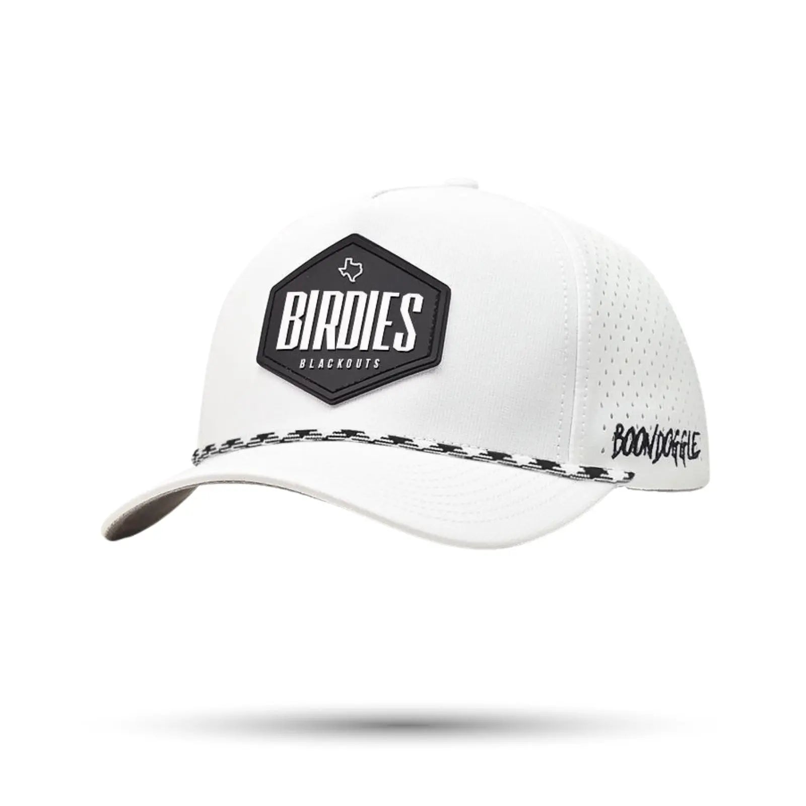 Custom white golf rope hat with green embroidery. Vintage style snapback with braided rope detail.