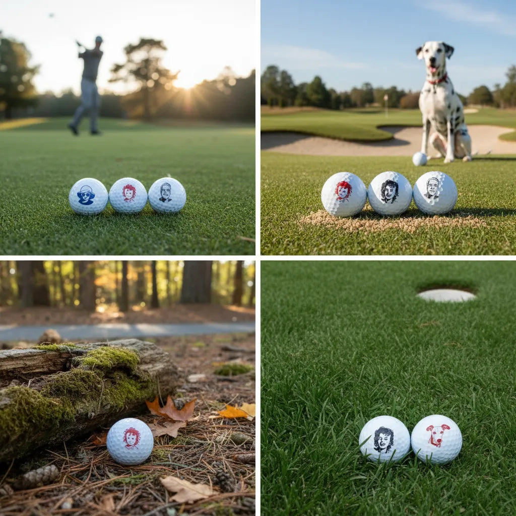 Macro close-up of custom face stamp impression on golf ball dimples. Sharp, high-contrast detailing.