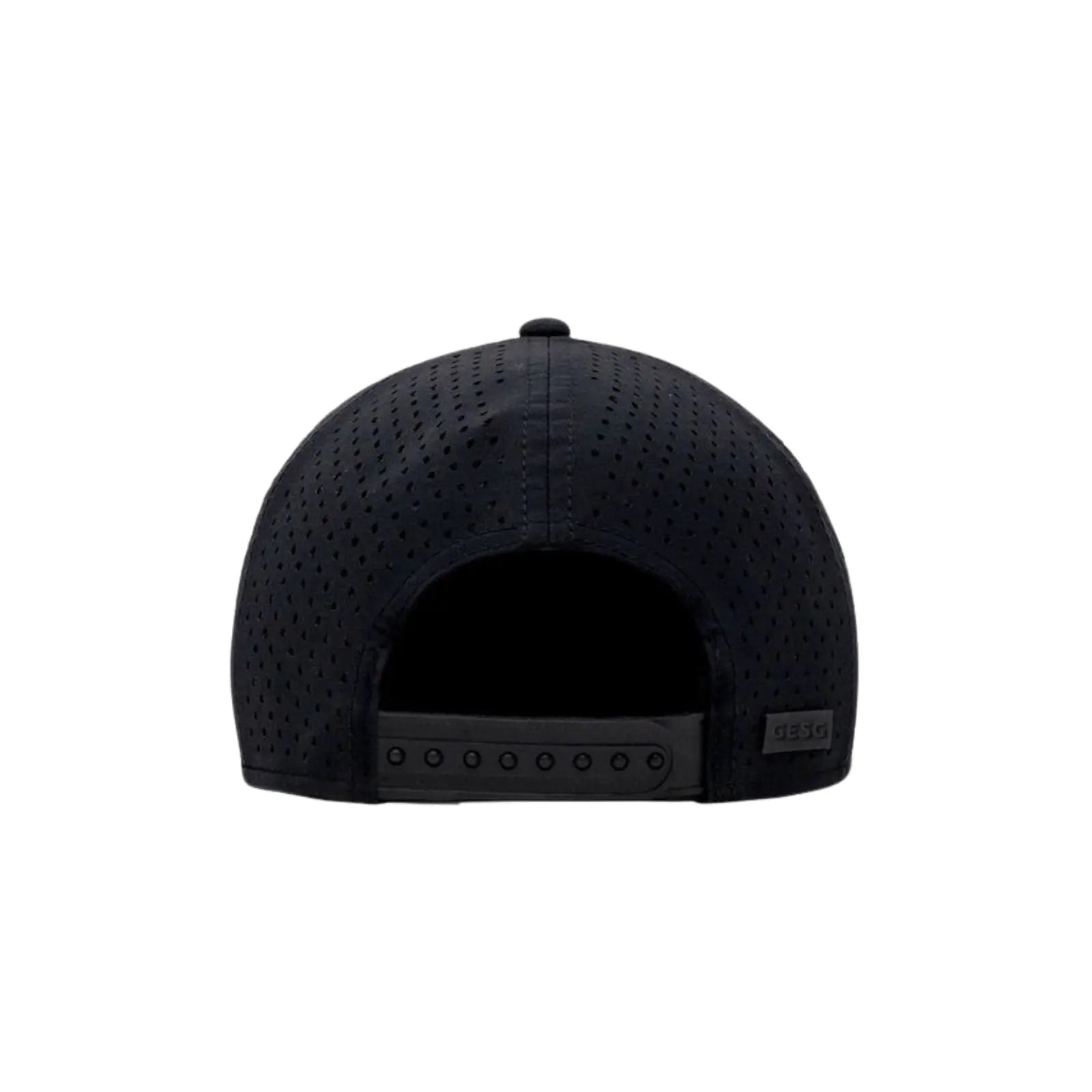 Black cap with a brand logo on the back against a white background