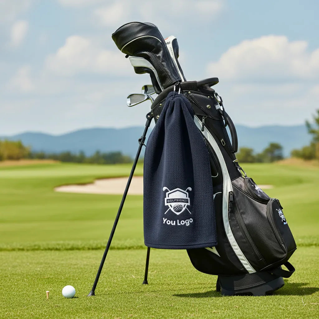 Golf bag with clubs and a golf ball on a green course