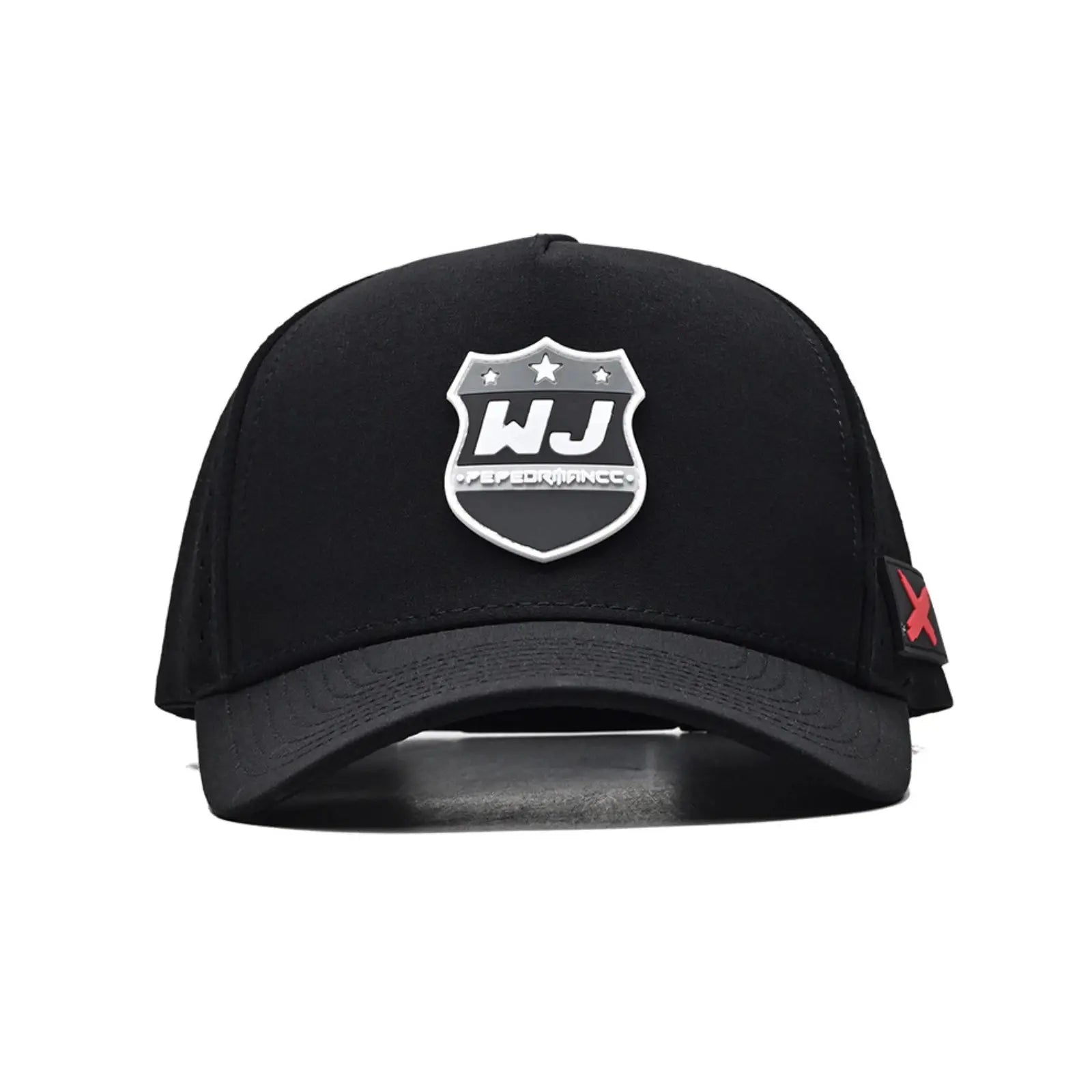 Black cap with a logo on a white background