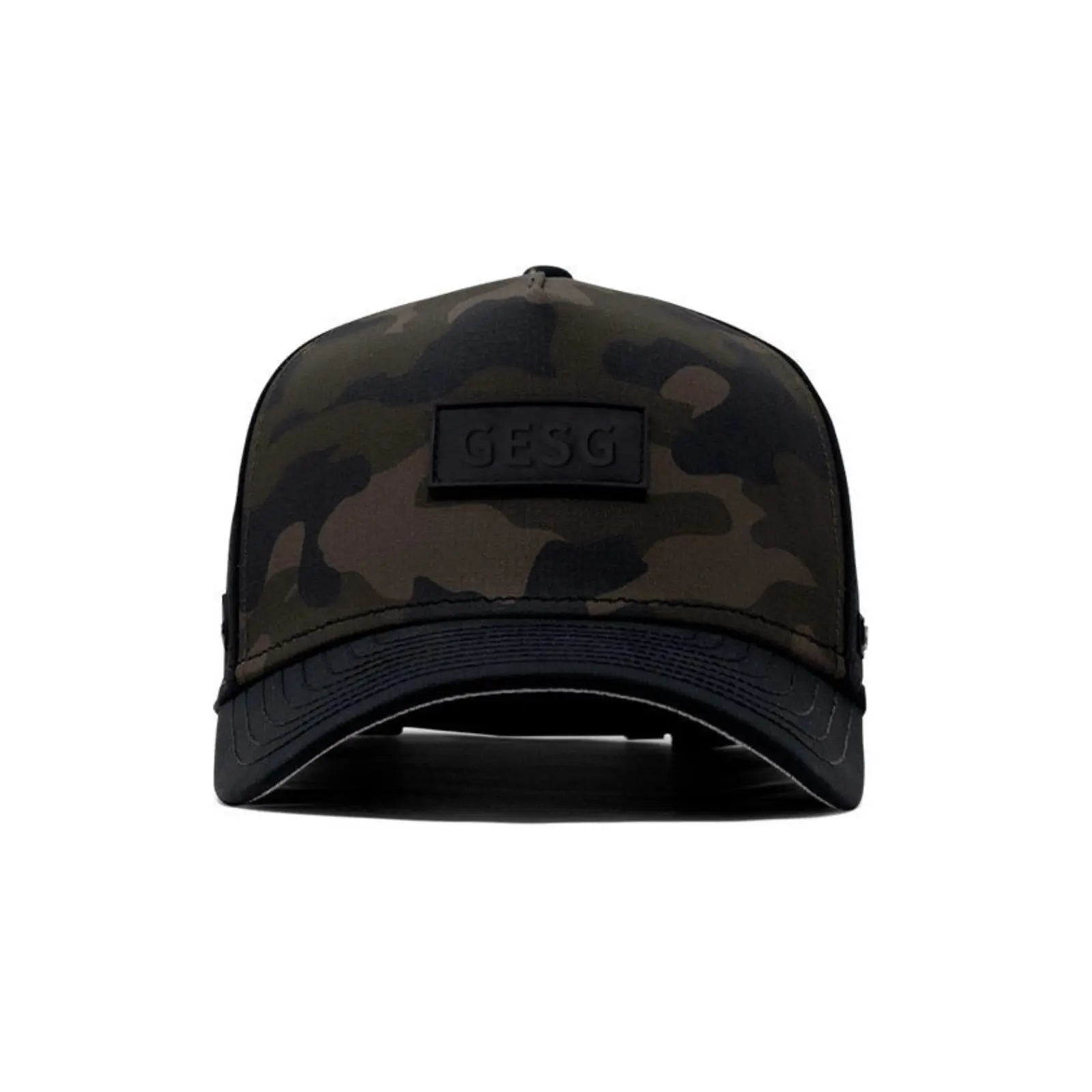 Camouflage baseball cap with a logo patch on a white background
