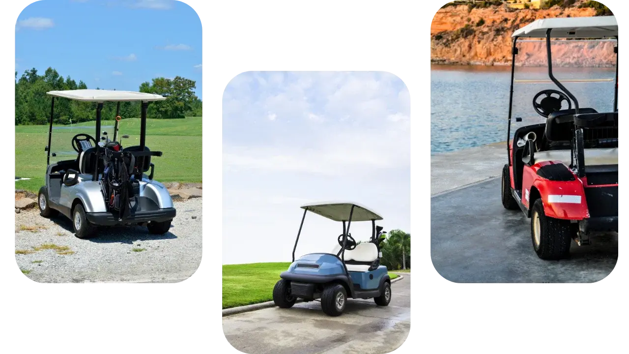 A custom golf cart featuring a sleek matte black vinyl wrap parked on a golf course.