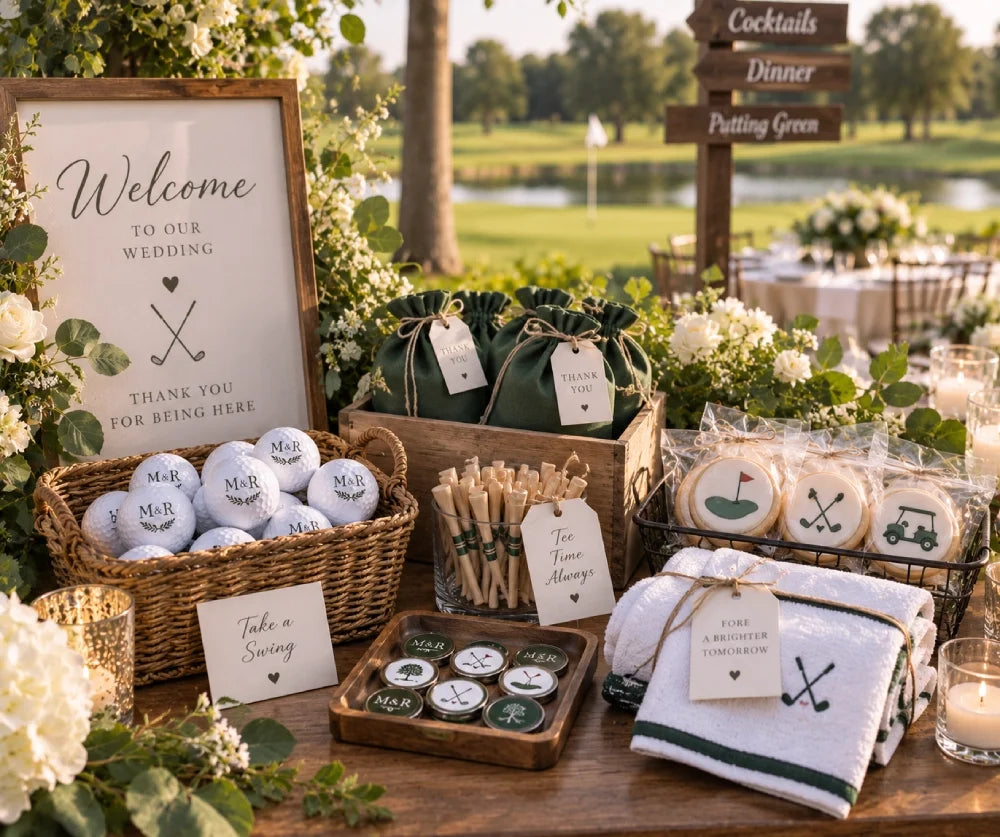 Personalized golf ball and tee wedding favors arranged in small gift boxes