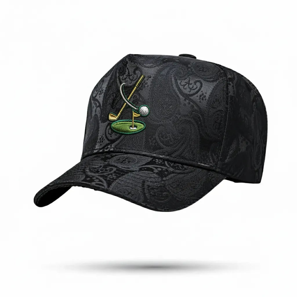 Black patterned cap with golf design on a white background