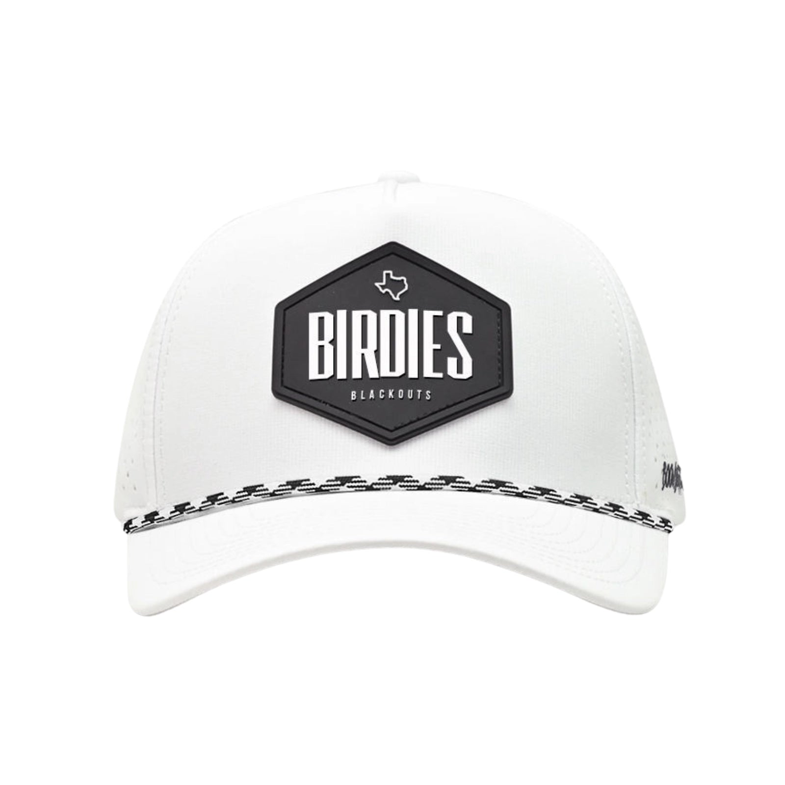 White cap with black hexagonal logo and 'Birdies' branding on a white background