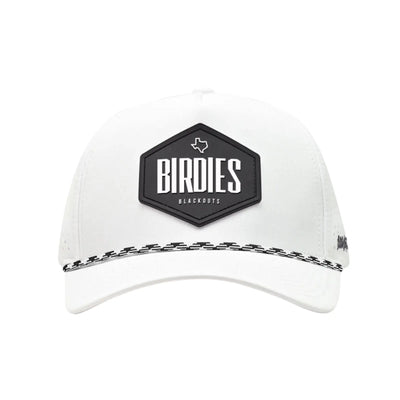 White cap with black hexagonal logo and 'Birdies' branding on a white background