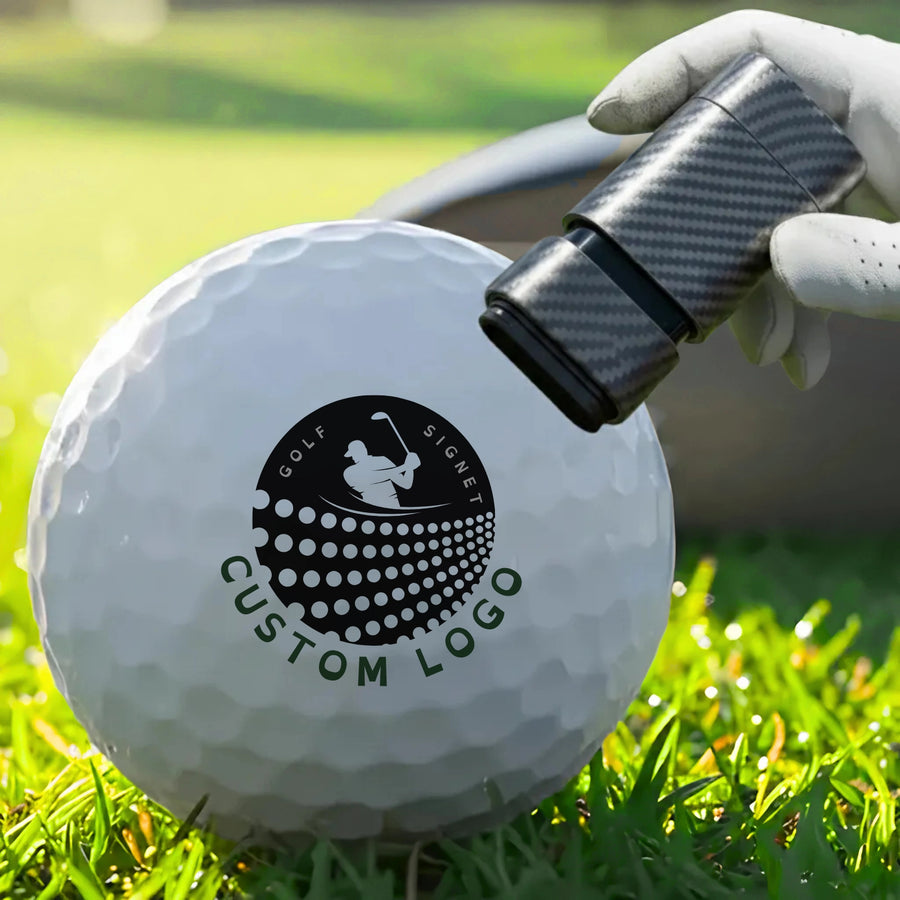 Custom logo golf ball stamp on a white golf ball