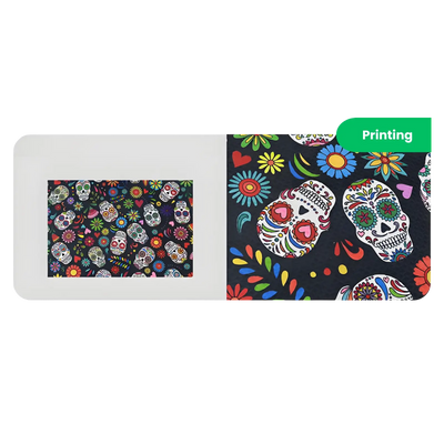 Colorful sugar skull pattern on a white background with 'Printing' text.