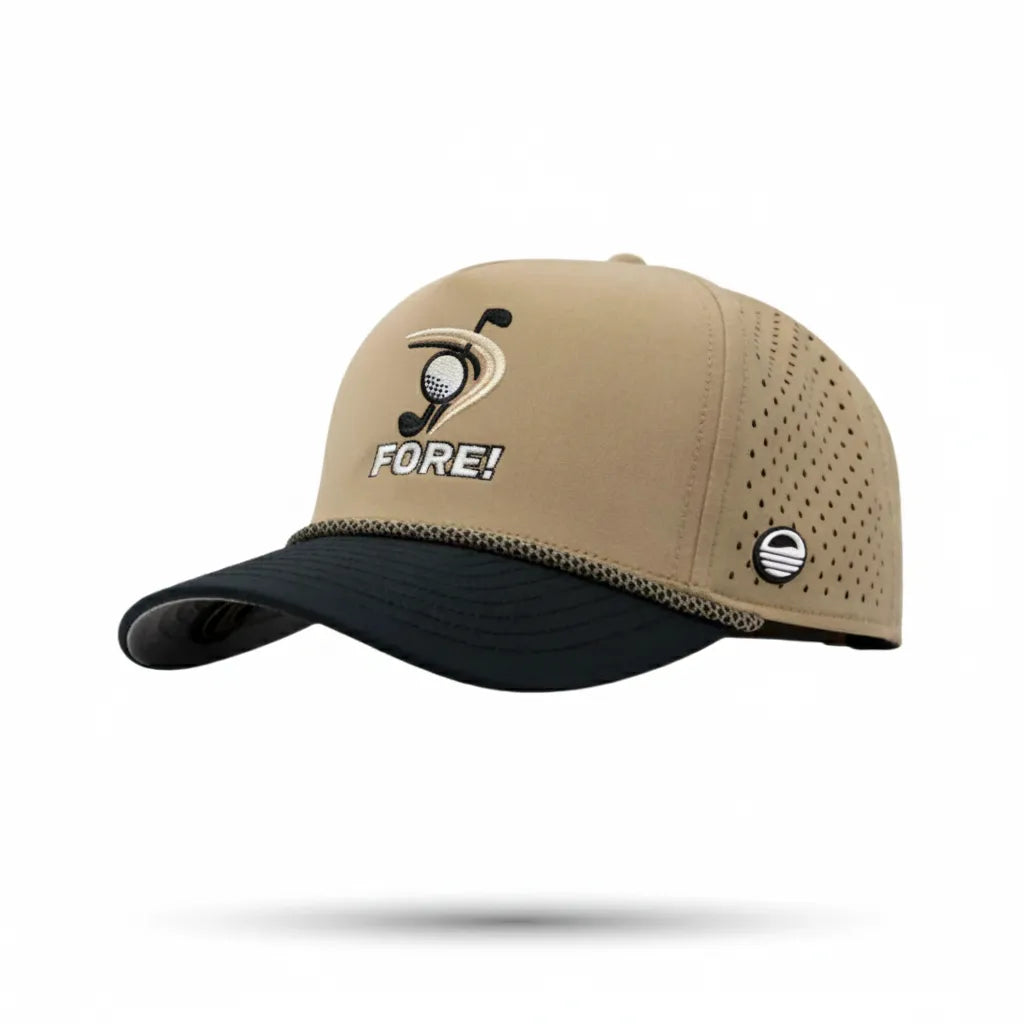 Beige and black cap with 'FORE!' text and golf club design on a white background