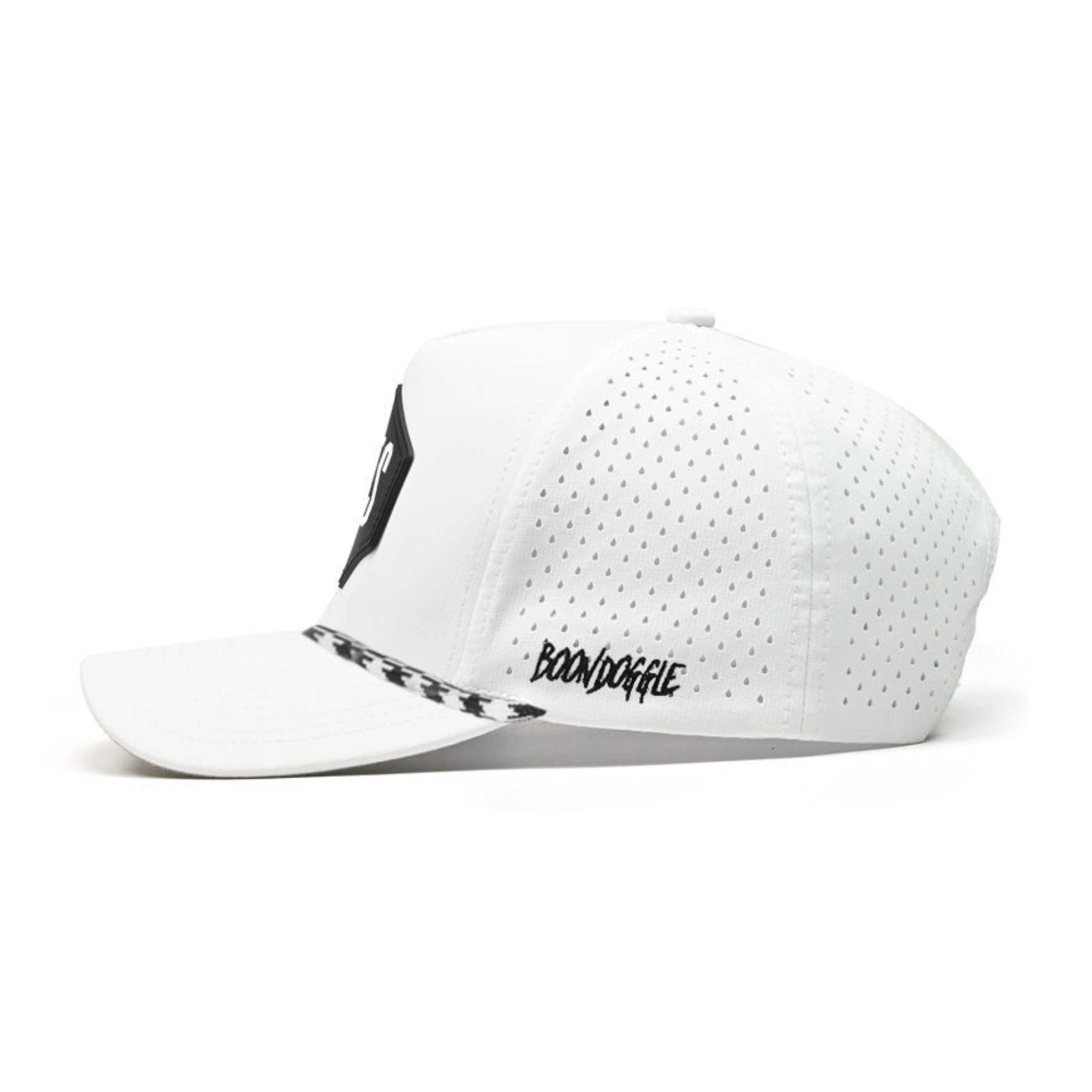 White cap with black text and logo on a white background