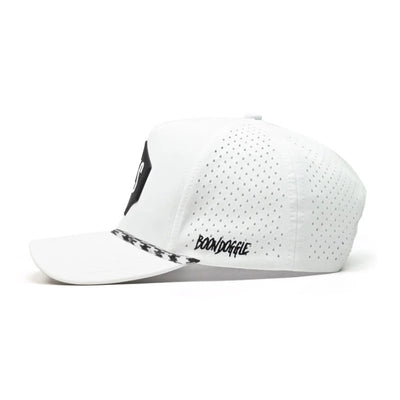 White cap with black text and logo on a white background