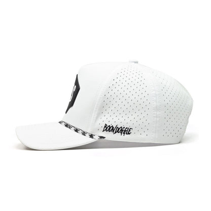 White cap with black text and logo on a white background