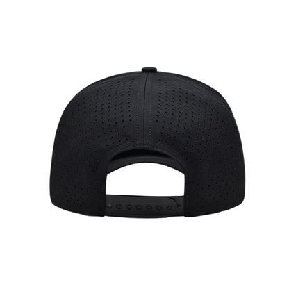 Black baseball cap with perforated design on a white background