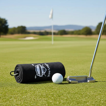 Golf towel, golf ball, and putter on a green golf course with a flag in the background.