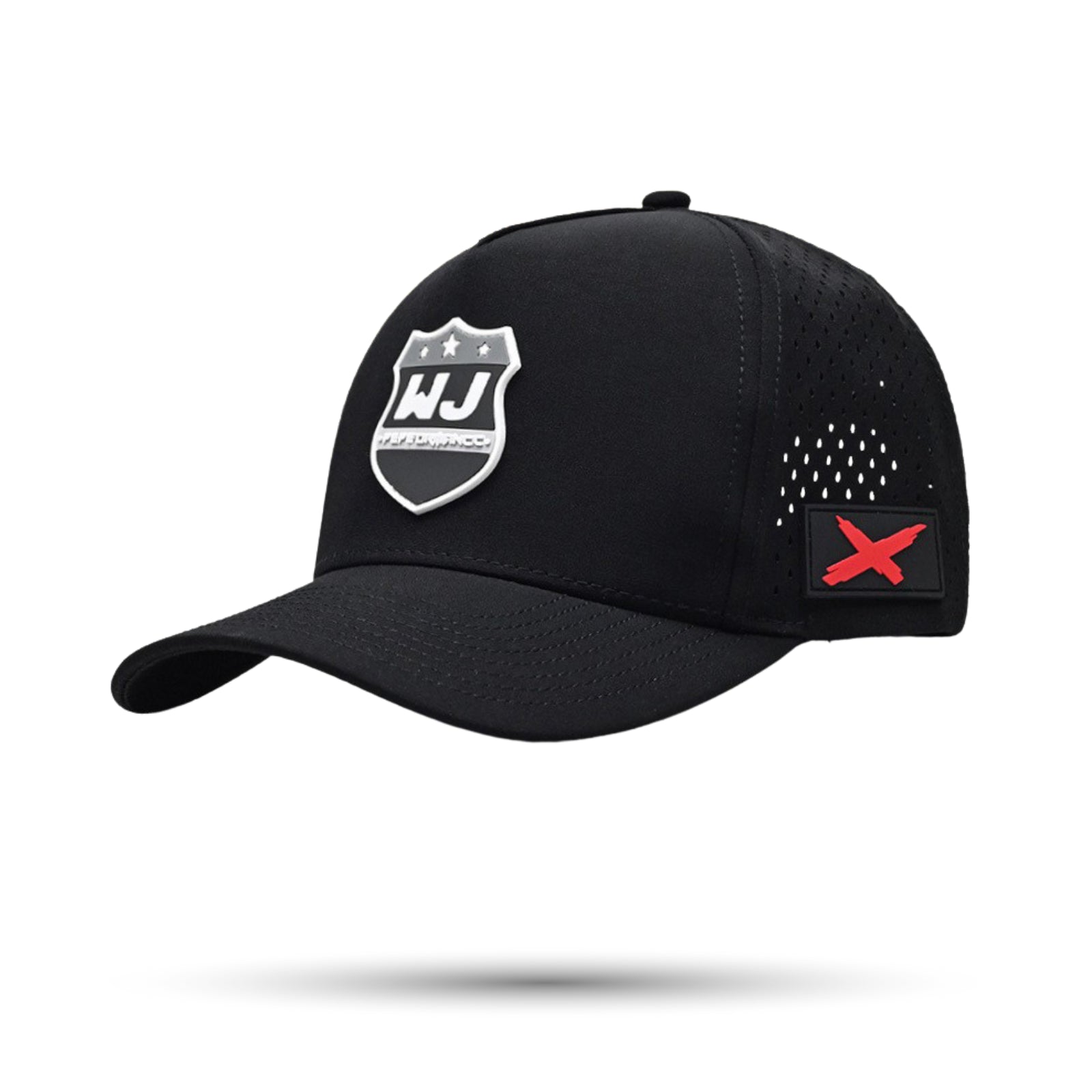 Black cap with logos on a white background