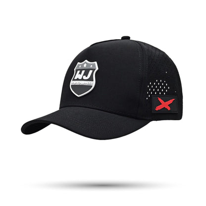 Black cap with logos on a white background