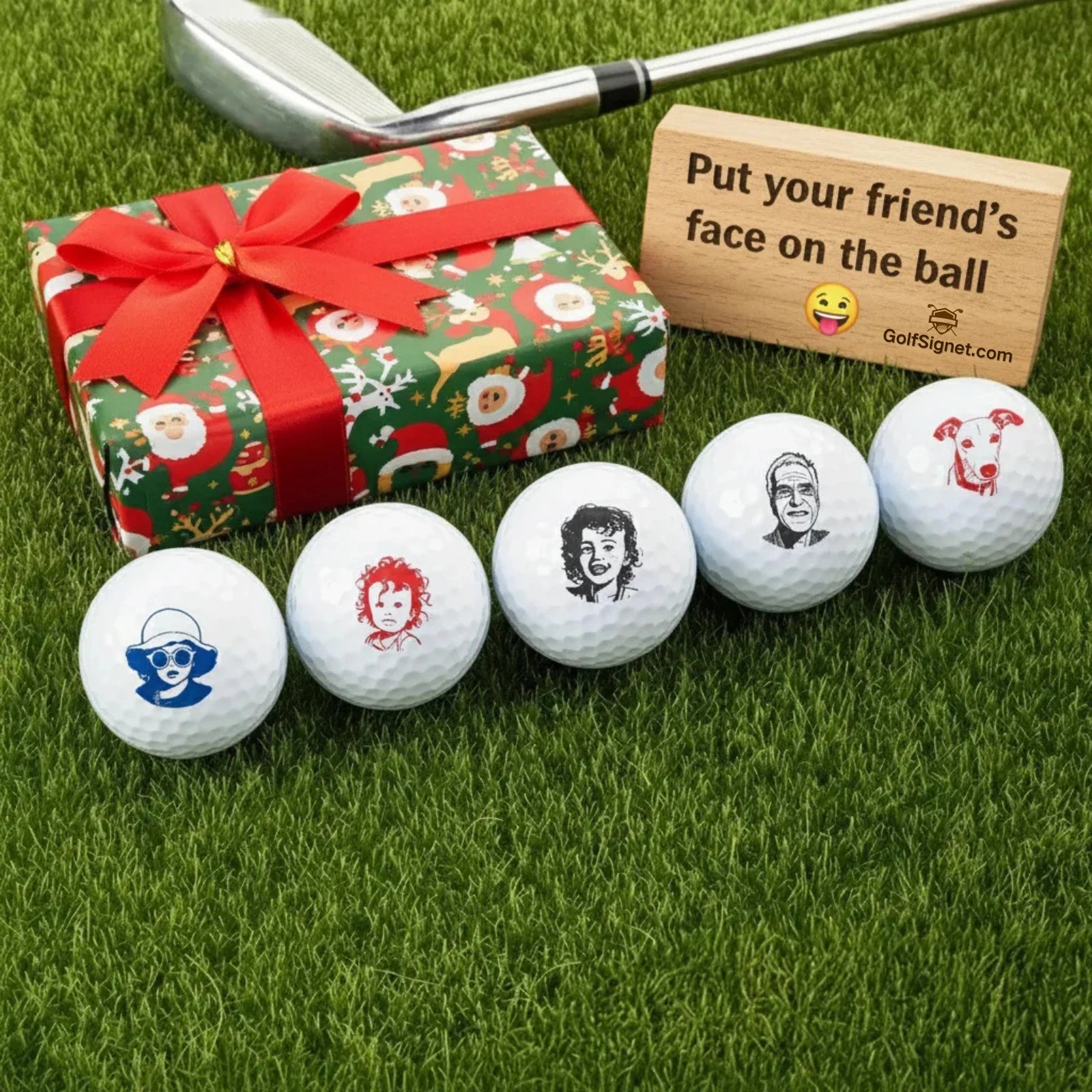 Custom pet portrait golf stamp. Dog face stamped on a golf ball. Personalized gift for pet lovers.