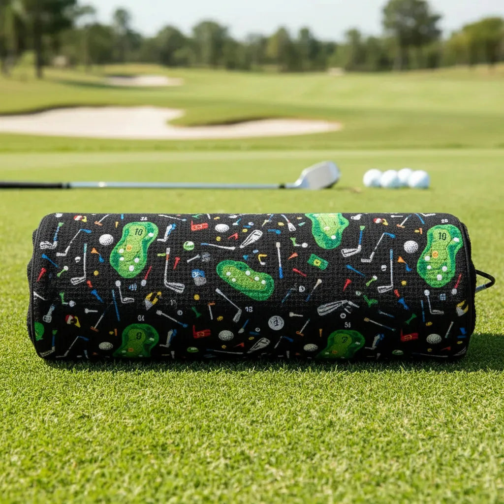 Golf bag with colorful golf course design on a golf course