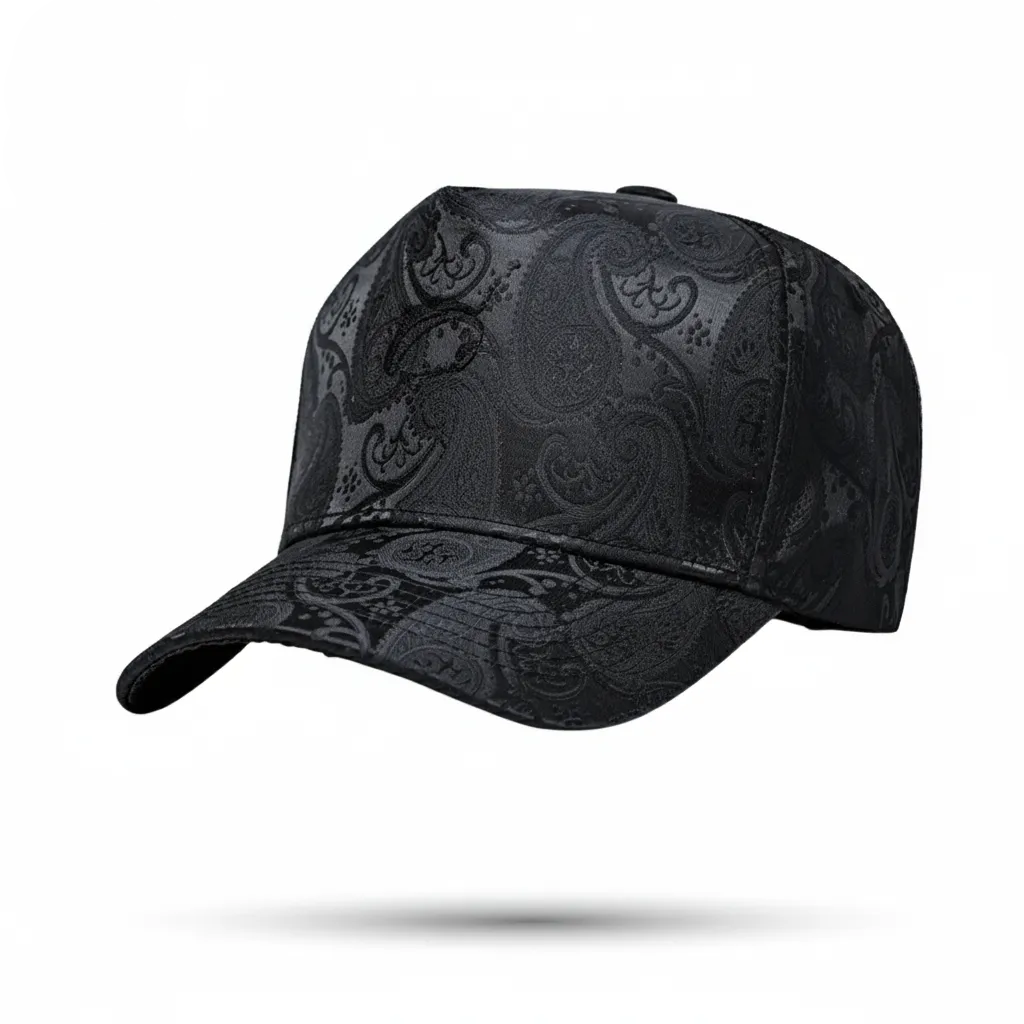 Black patterned baseball cap on a white background