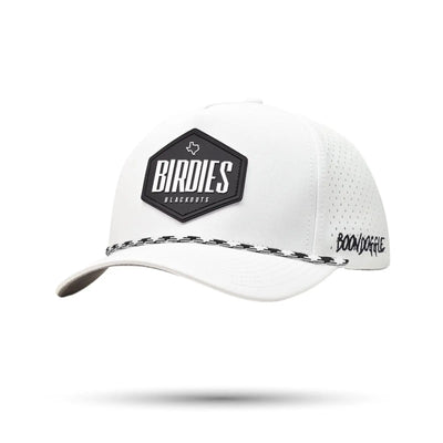 Custom white golf rope hat with green embroidery. Vintage style snapback with braided rope detail.