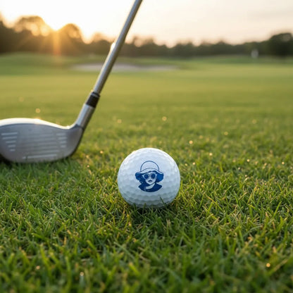 Double-ended golf stamp with custom face portrait on Side A and alignment aid on Side B.