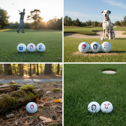 Macro close-up of custom face stamp impression on golf ball dimples. Sharp, high-contrast detailing.