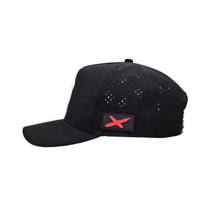Black cap with a red logo on a white background
