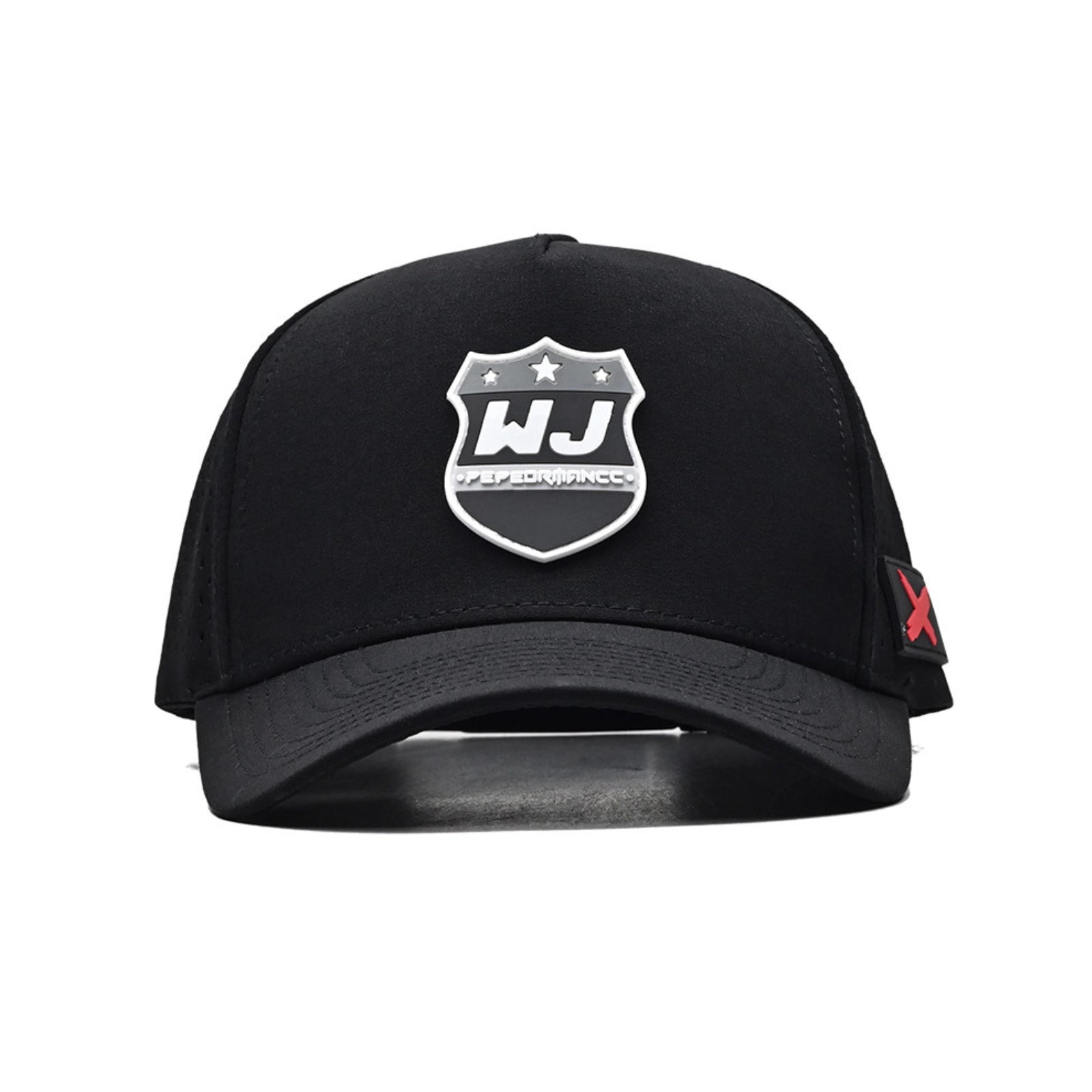 Black cap with a logo on a white background