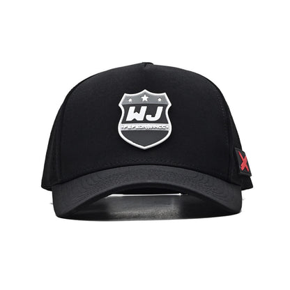 Black cap with a logo on a white background